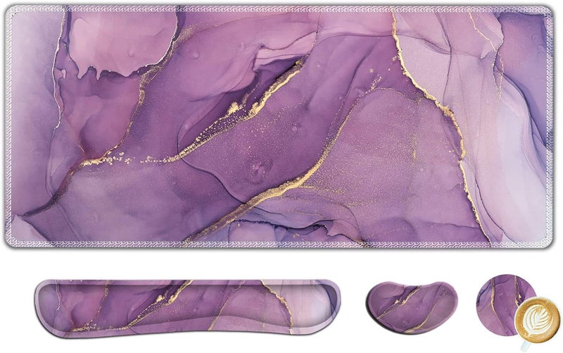 AIMSA Large Gaming Mouse Pad Set, Keyboard Wrist Rest Support Mouse Pad, Ergonomic Memory Foam Multifunctional Extended Desk Mat 35x15.7in Anti-Slip Rubber Base for Office Home, Purple Marble - Image 1